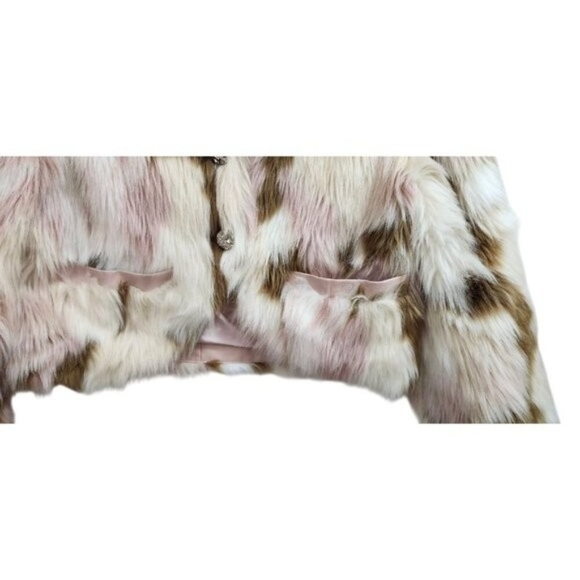 NIMO WANG Faux Fur Jacket Multicolor Pink Brown White |Boho Statement Outerwear - Picture 5 of 12